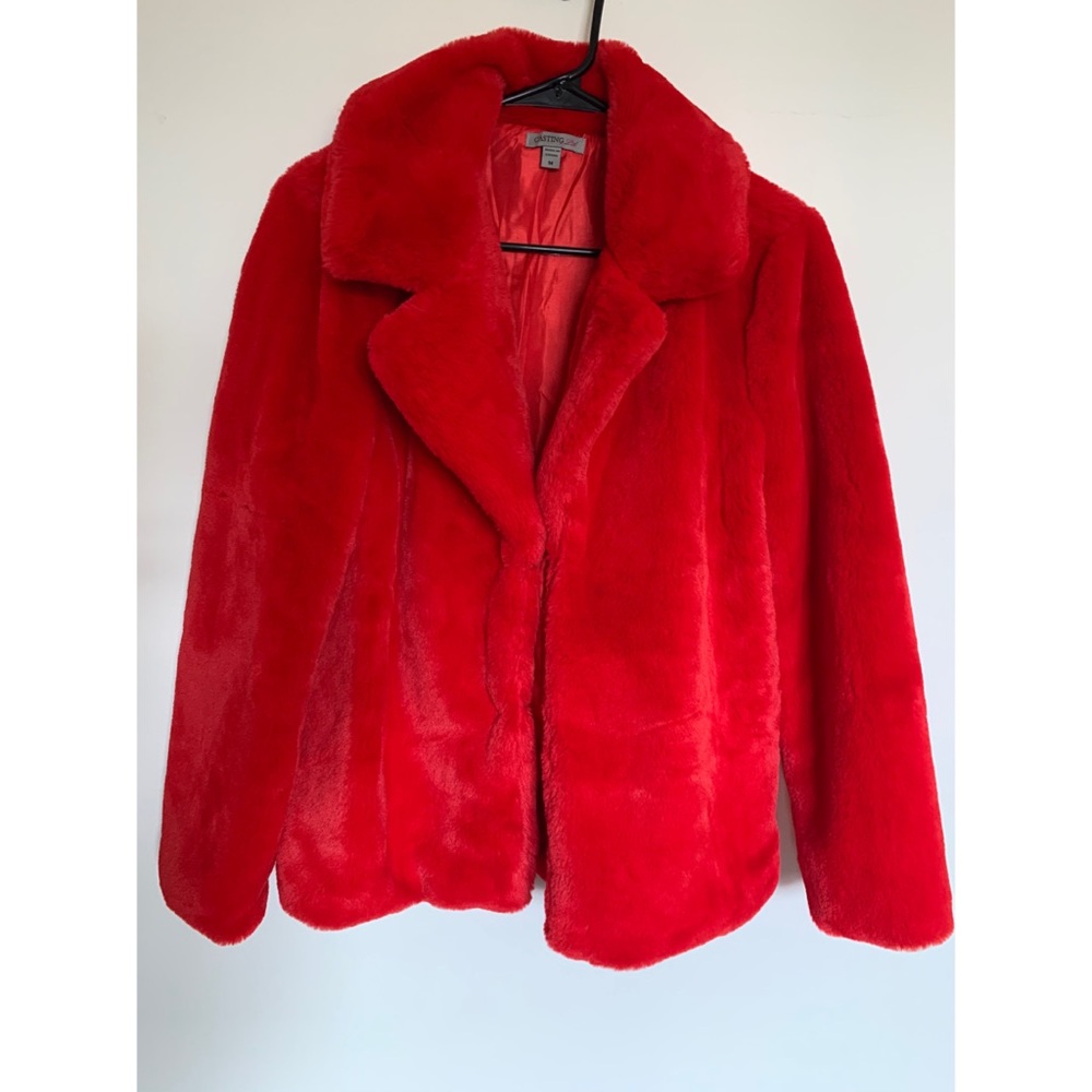 Red faux fur jacket